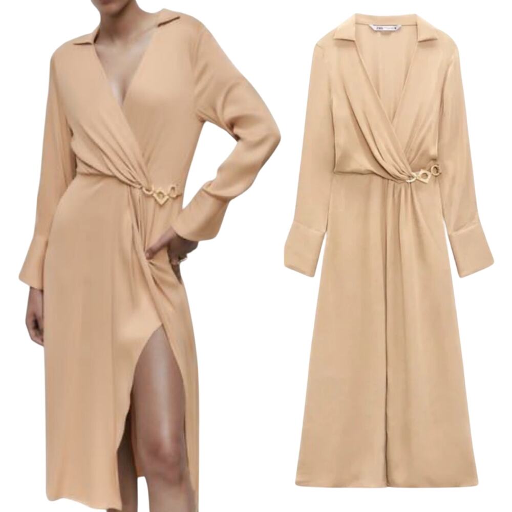 Zara Satin Effect Midi Faux Wrap Dress Collared Long Sleeve Soft Gold Medium